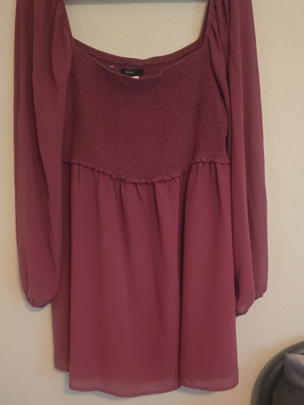 Smocked Bodice off Shoulder Long Sleeve Dress - Mauve XXL